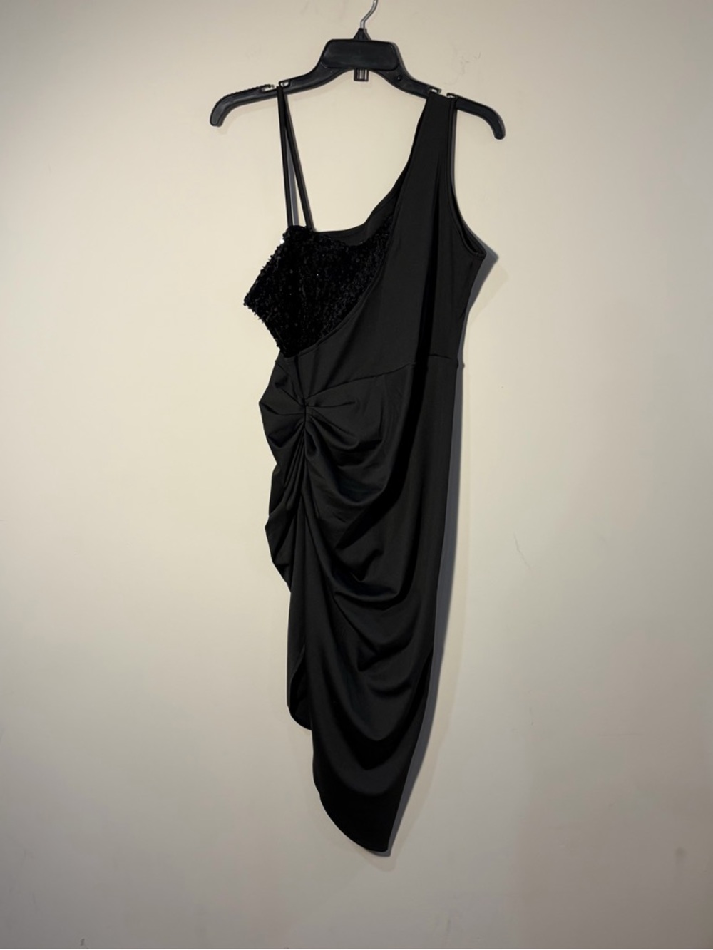 Source Unknown Black One-Shoulder Draped Ruched Cocktail Dress